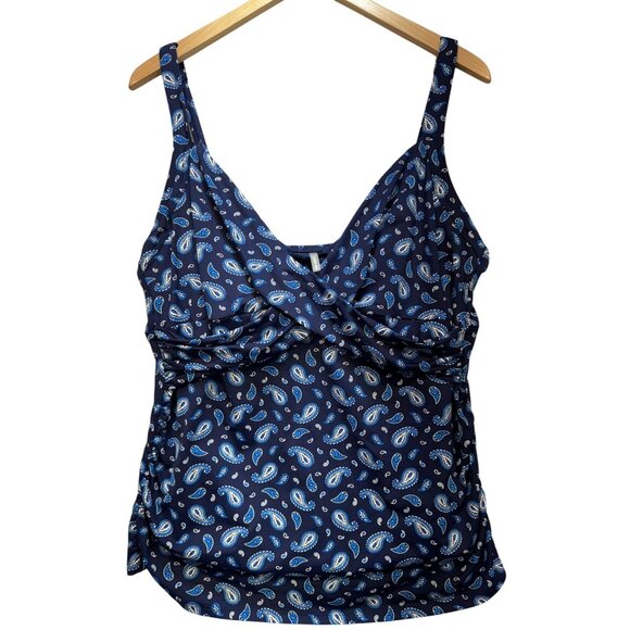 Lands' End Womens Cross Wrap Swimsuit Top Stretch Size 18 Blue Paisley Beach - Picture 1 of 10